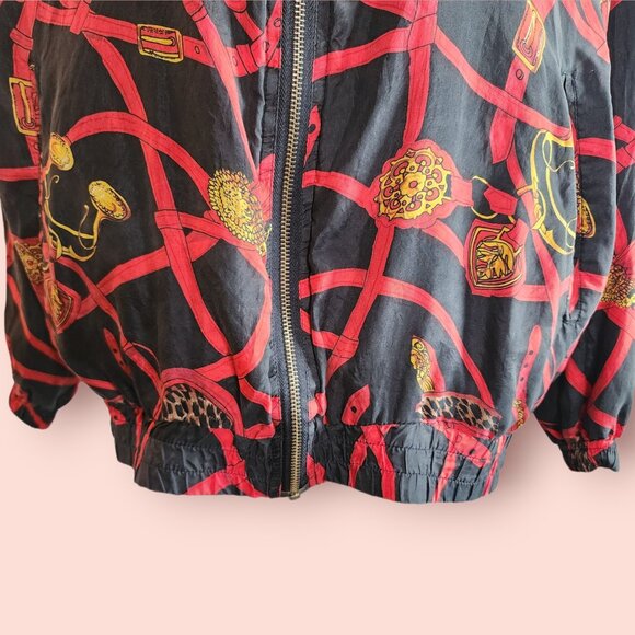 Vintage EVR 90s Silk Bomber Jacket with Baroque Chain Print retro size XL - Picture 4 of 6